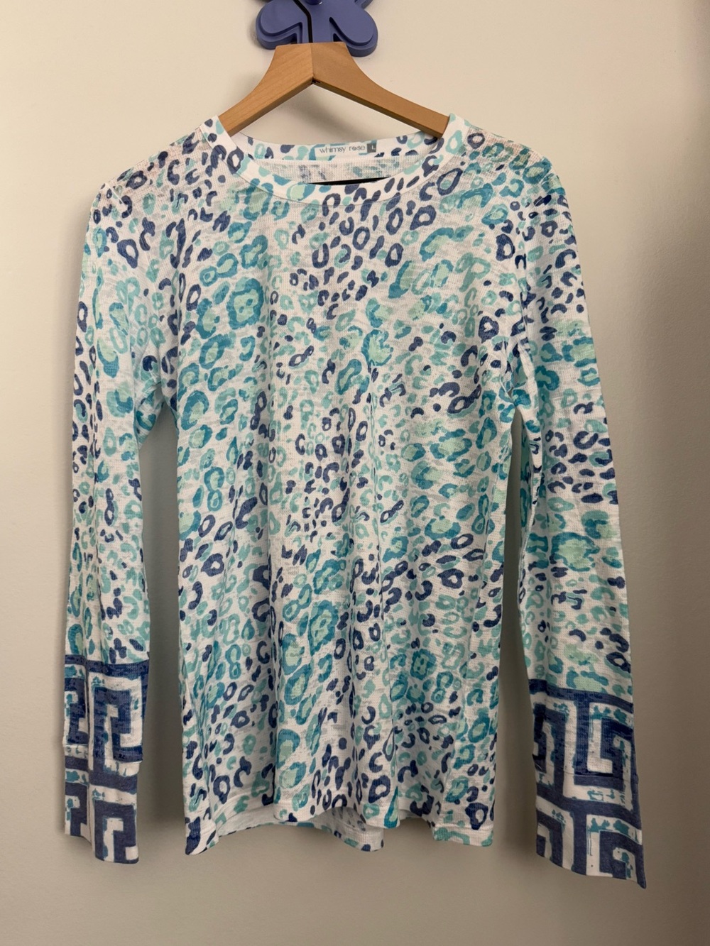 Whimsy Rose Large Cat Light Blue Leopard Print Long Sleeve Tee